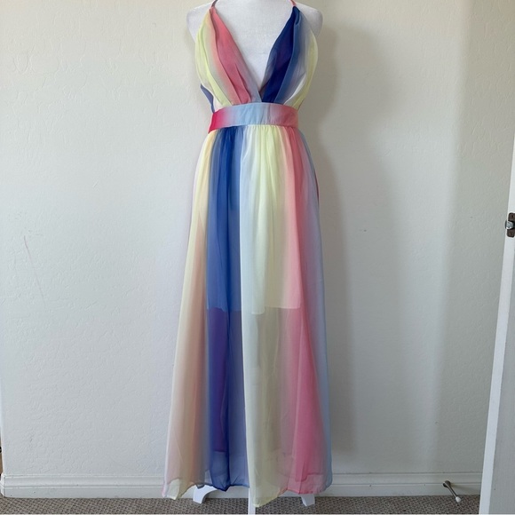 Cupshe NWT Colorful Rainbow Plunging Neckline Cross Back Maxi Dress Large - Picture 3 of 14